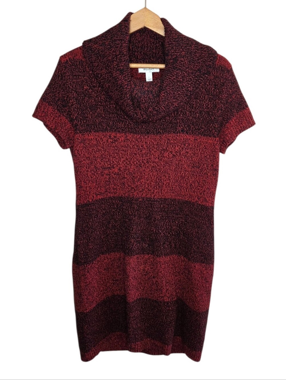 Dress Barn Burgundy Red Striped Short Sleeve Knit Sweater Dress Cowl Neck Large